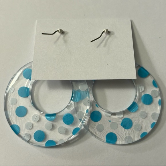 CLAIRE’S Big Blue & White Polka Dot Print Circle Hoop Dangle Earrings - Picture 2 of 2